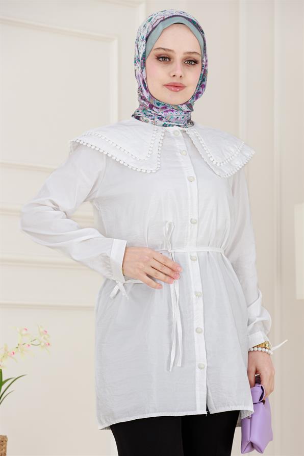 Çift Yaka Dantelli Tunik-Beyaz