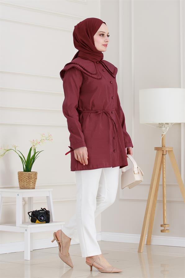 Çift Yaka Dantelli Tunik-Bordo