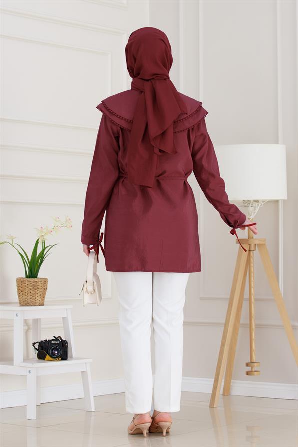Çift Yaka Dantelli Tunik-Bordo