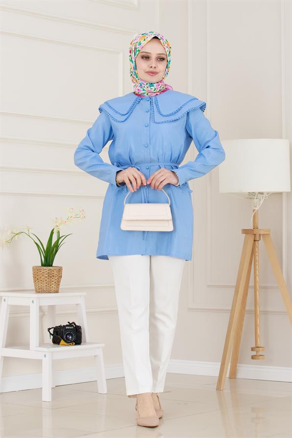 Çift Yaka Dantelli Tunik-İndigo