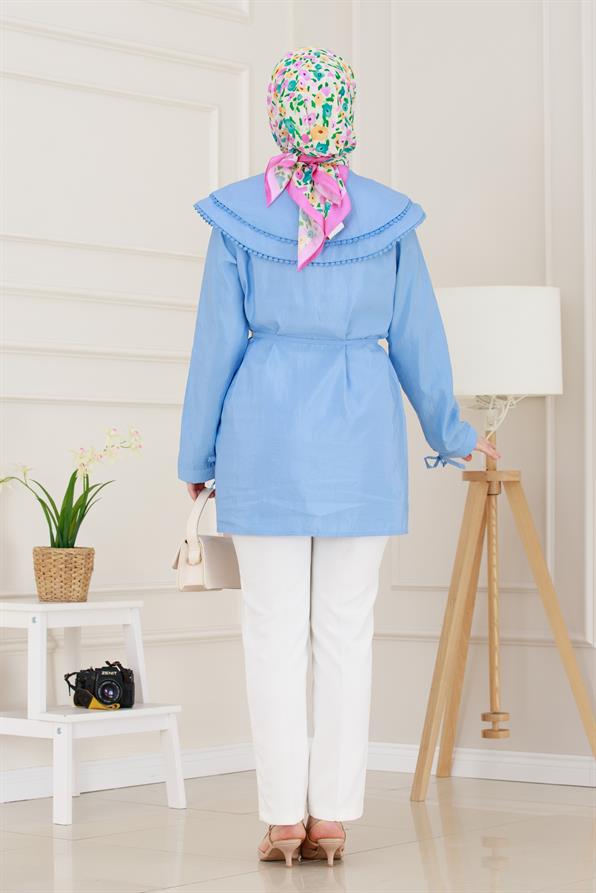 Çift Yaka Dantelli Tunik-İndigo