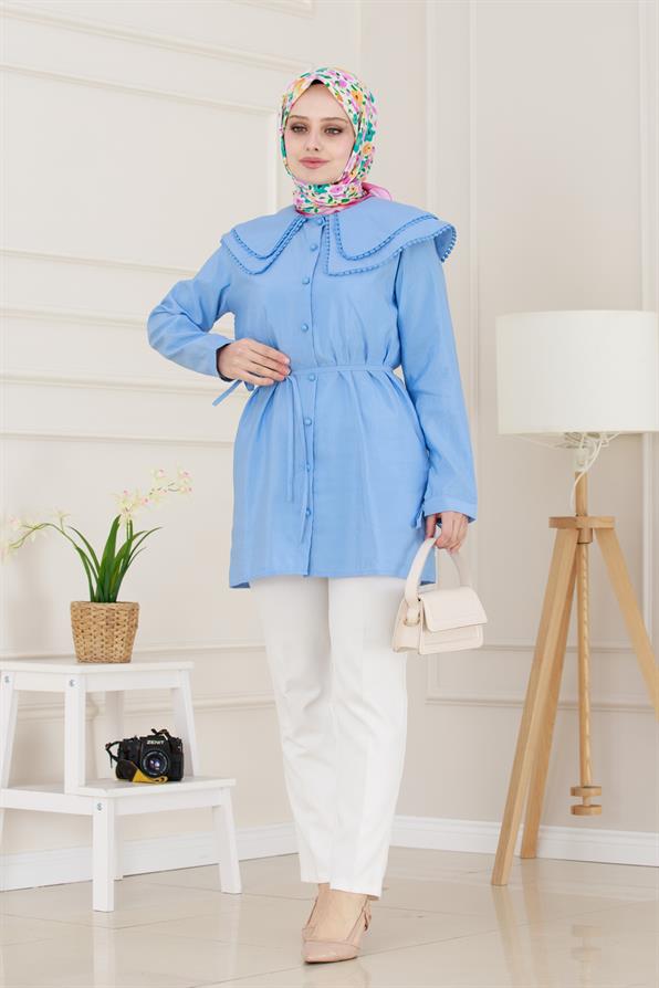 Çift Yaka Dantelli Tunik-İndigo