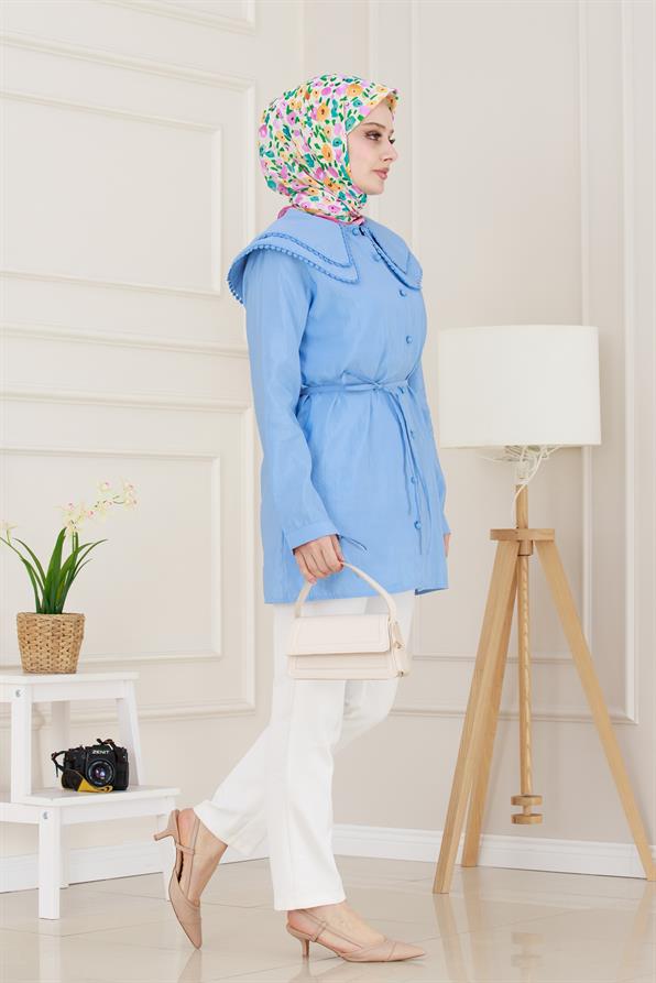 Çift Yaka Dantelli Tunik-İndigo