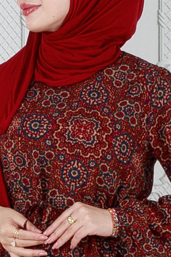 فستان محجبات  بنمط البلاط  - احمر اللون
