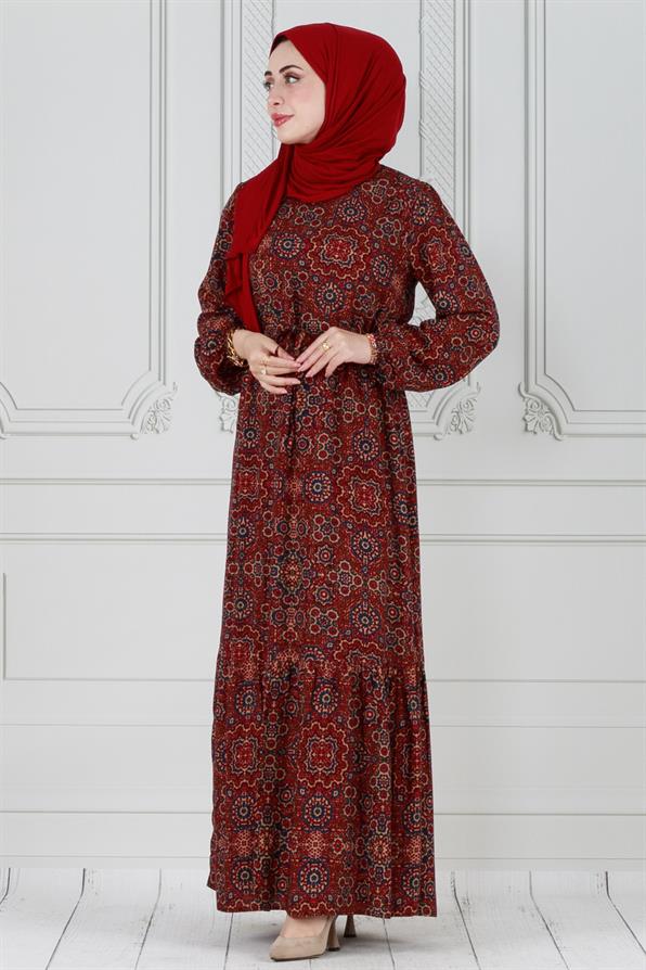 فستان محجبات  بنمط البلاط  - احمر اللون
