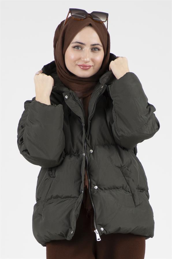 Çıtçıtlı Şişme Mont - Haki