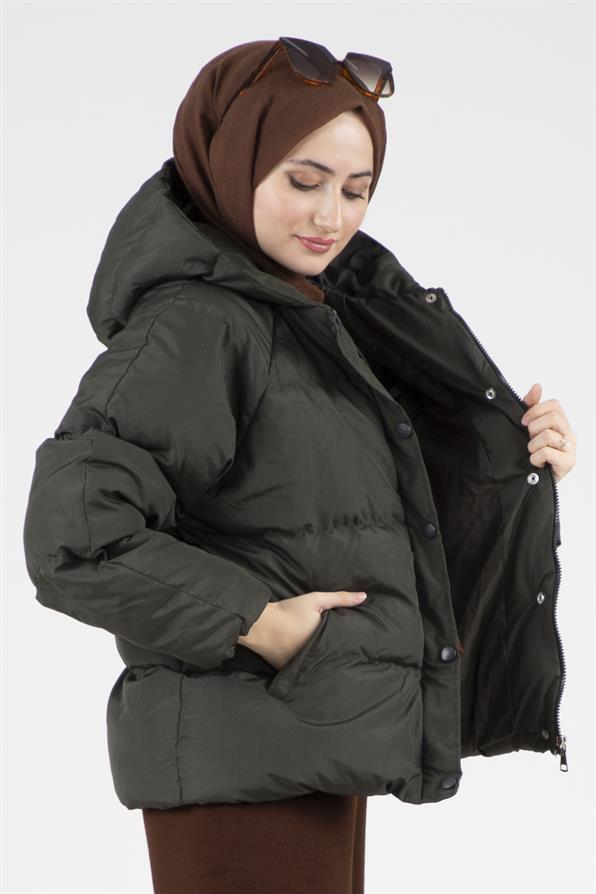 Çıtçıtlı Şişme Mont - Haki