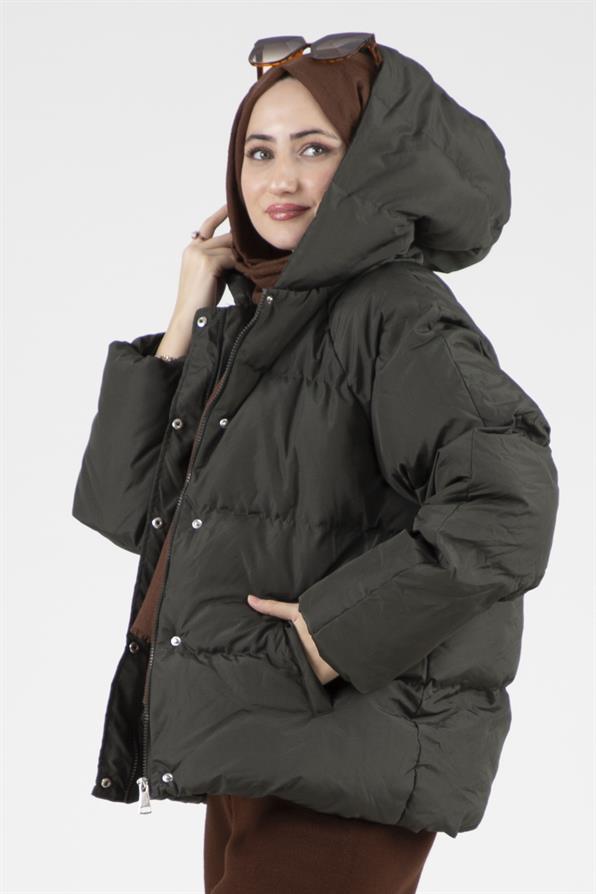 Çıtçıtlı Şişme Mont - Haki