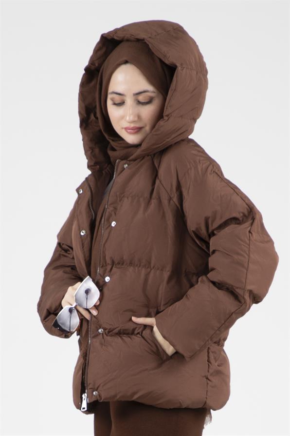 Snap Puffer Women Jacket - Brown