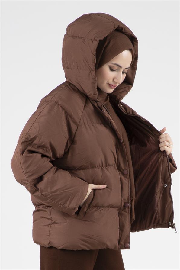 Snap Puffer Women Jacket - Brown