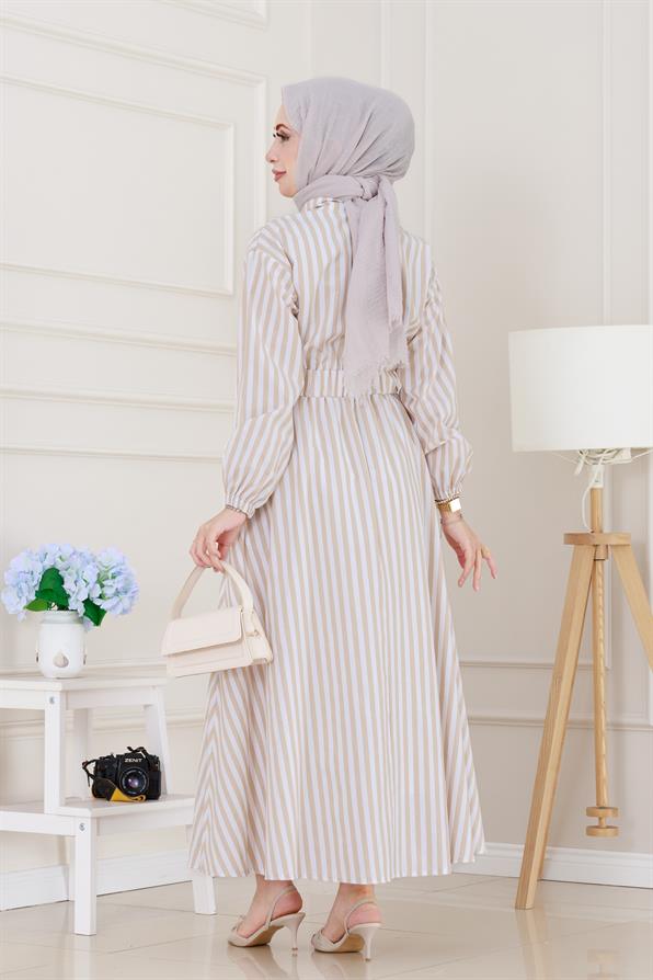 Çizgili Cepli Tesettür Elbise-Bej