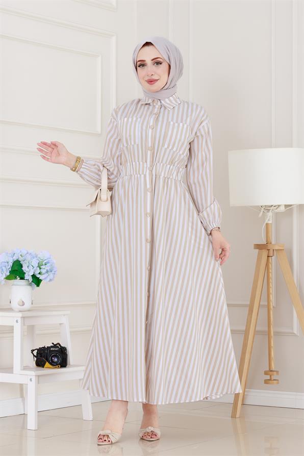 Çizgili Cepli Tesettür Elbise-Bej