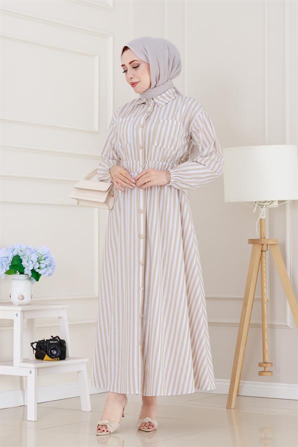 Çizgili Cepli Tesettür Elbise-Bej