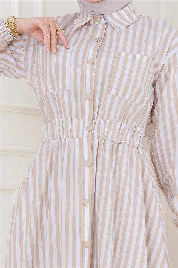 Çizgili Cepli Tesettür Elbise-Bej