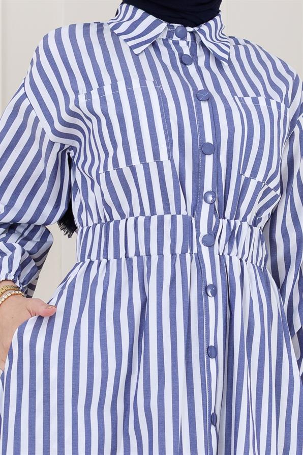 Çizgili Cepli Tesettür Elbise-Lacivert