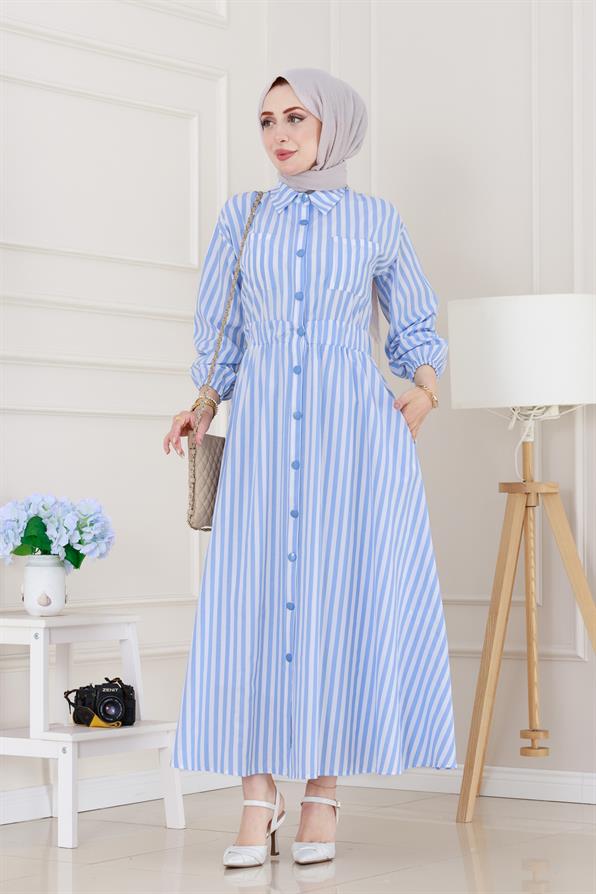 Çizgili Cepli Tesettür Elbise-Mavi
