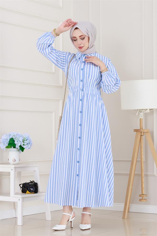 Çizgili Cepli Tesettür Elbise-Mavi