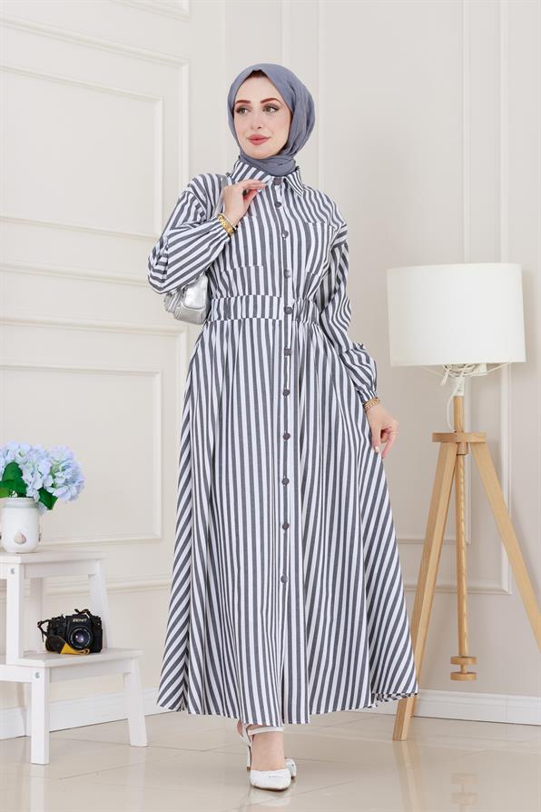Çizgili Cepli Tesettür Elbise-Siyah