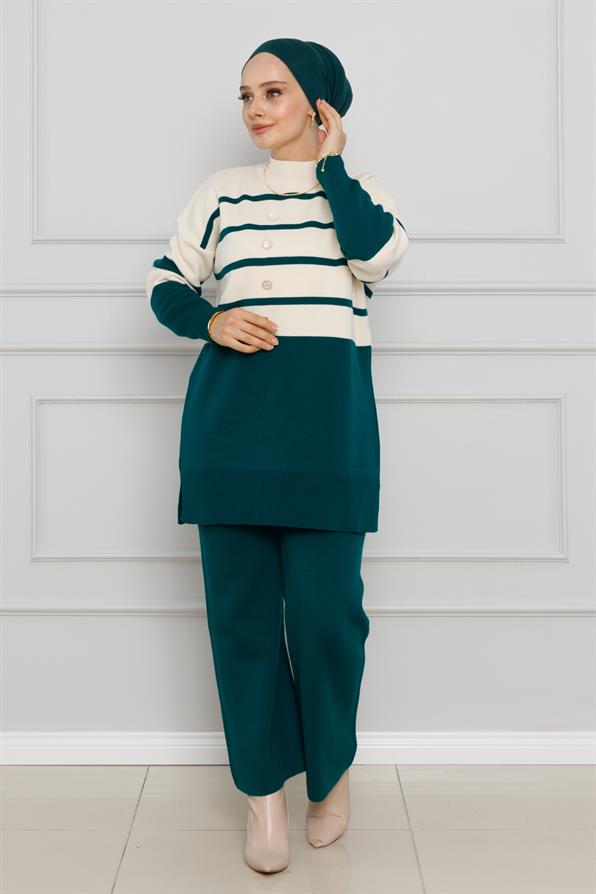 طقم تريكومخطط و سروال - اخضر زمردي اللون