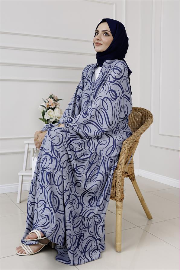 Dalga Desen Robalı Elbise-Lacivert