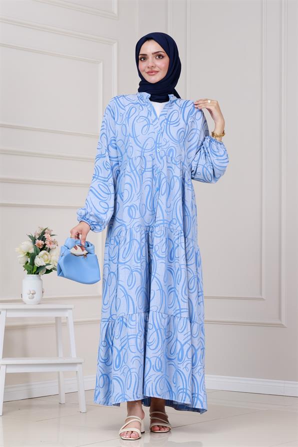 Dalga Desen Robalı Elbise-Mavi