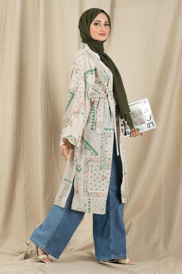 Drop Design Linen Kimono-Green color