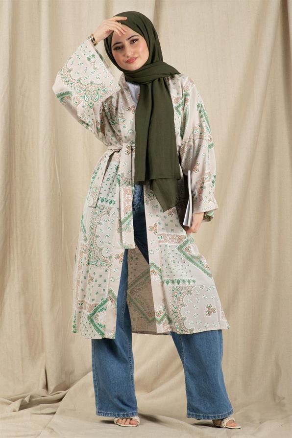 Drop Design Linen Kimono-Green color