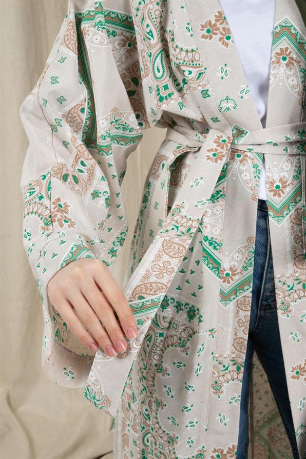 Drop Design Linen Kimono-Green color