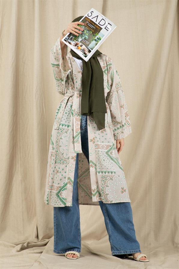 Drop Design Linen Kimono-Green color