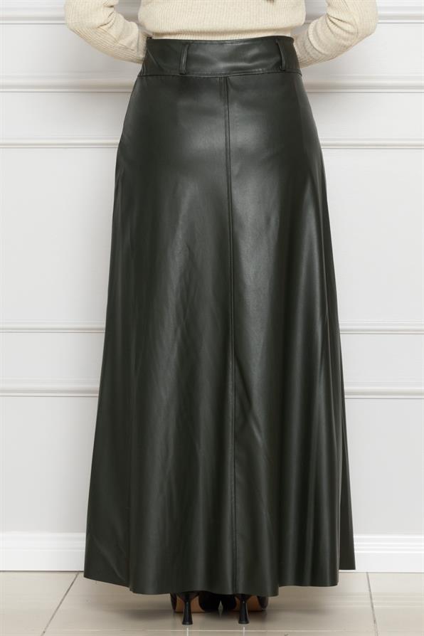 تنورة جلدية-كاكي اللون