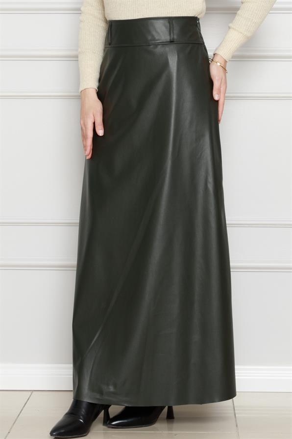 تنورة جلدية-كاكي اللون