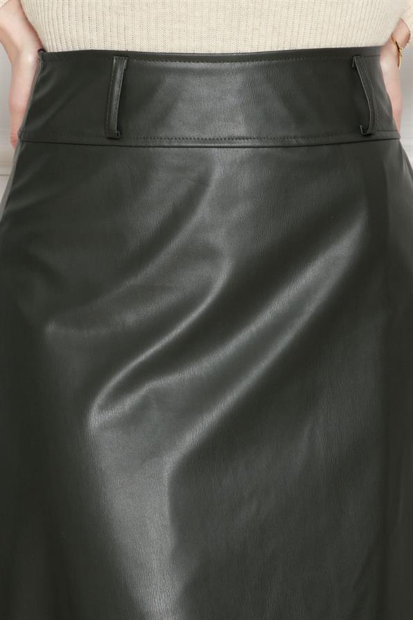 تنورة جلدية-كاكي اللون