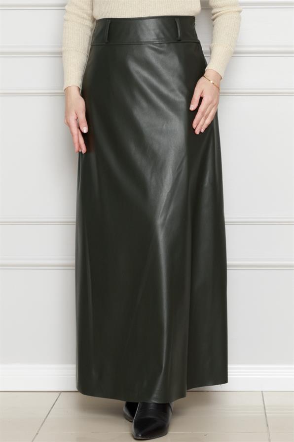 تنورة جلدية-كاكي اللون