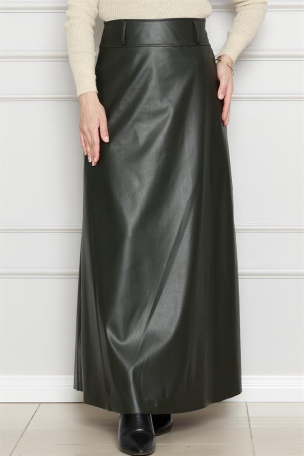 تنورة جلدية-كاكي اللون