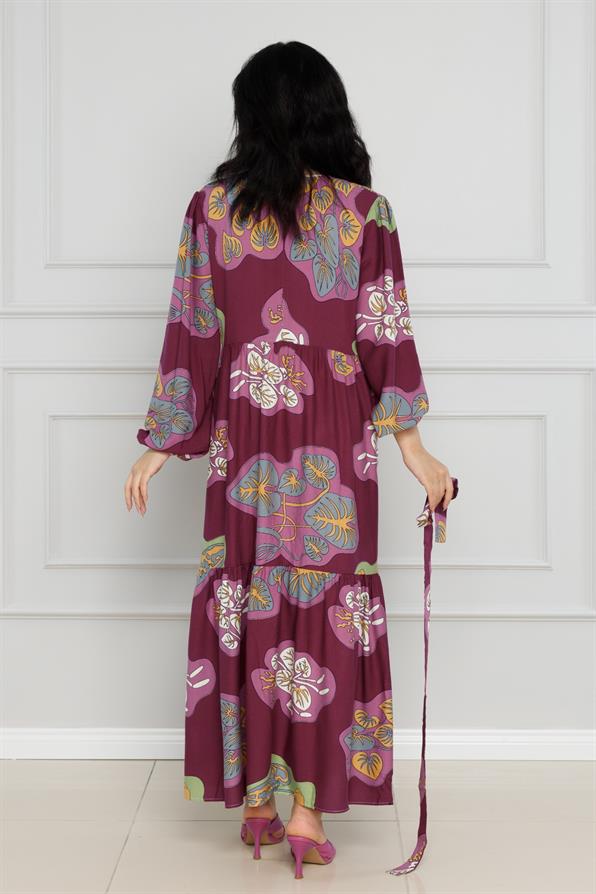 فستان فيسكوز بتفاصيل ملونة - مع حزام - أحمر كلاريت