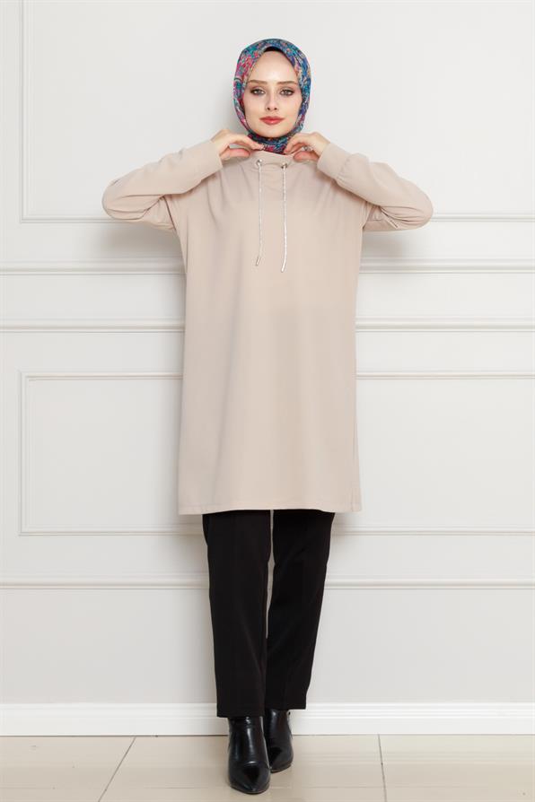 تونيك بياقة عالية-بيج اللون