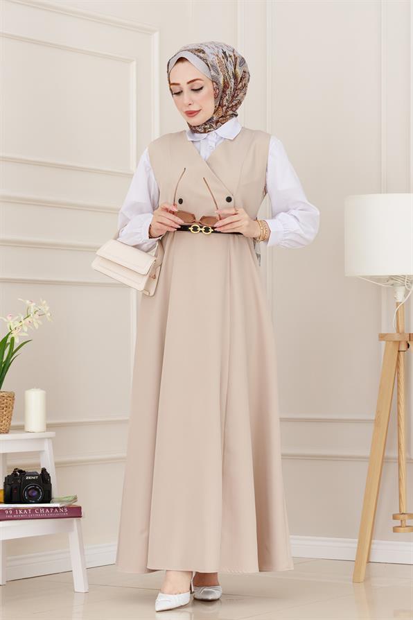 فستان بحزام وأزرار -اللون البيج