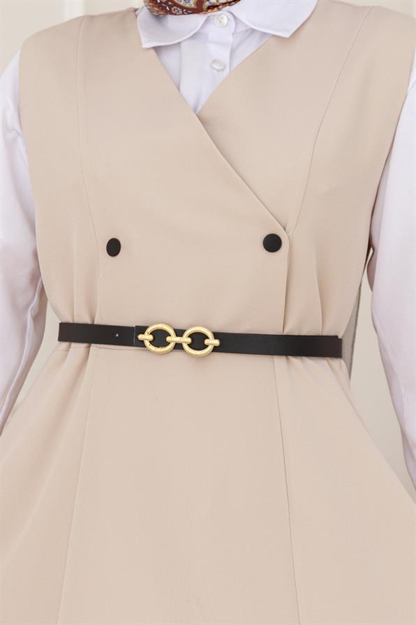 فستان بحزام وأزرار -اللون البيج