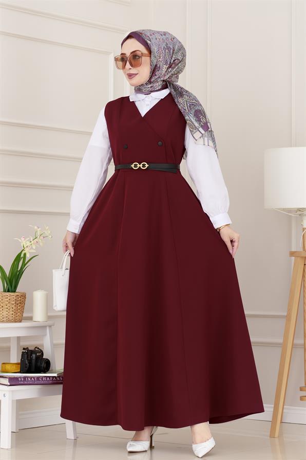 Düğme Detaylı Kemerli Jile-Bordo
