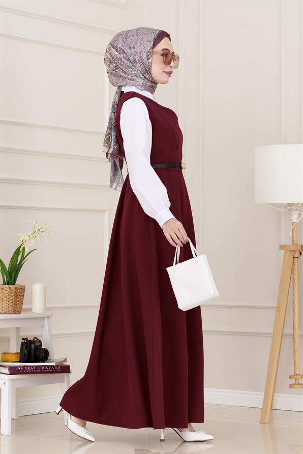 Düğme Detaylı Kemerli Jile-Bordo