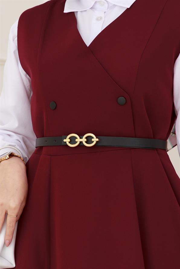 Düğme Detaylı Kemerli Jile-Bordo