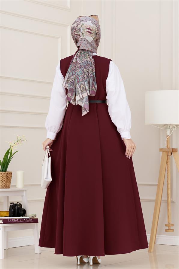 Düğme Detaylı Kemerli Jile-Bordo