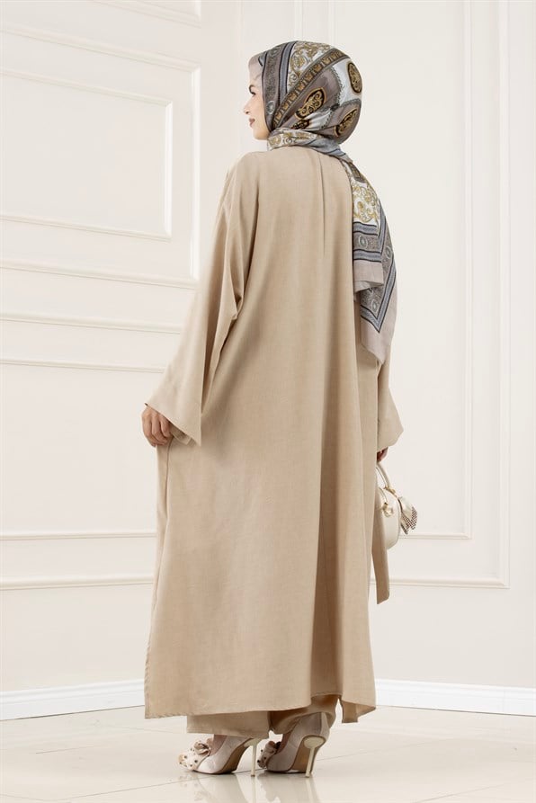 Düğmeli Davin Abaya İkili Takım-BEJ