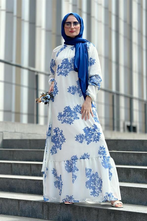 Ebru Patterned Lining Chiffon Dress-Blue