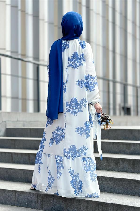 Ebru Patterned Lining Chiffon Dress-Blue
