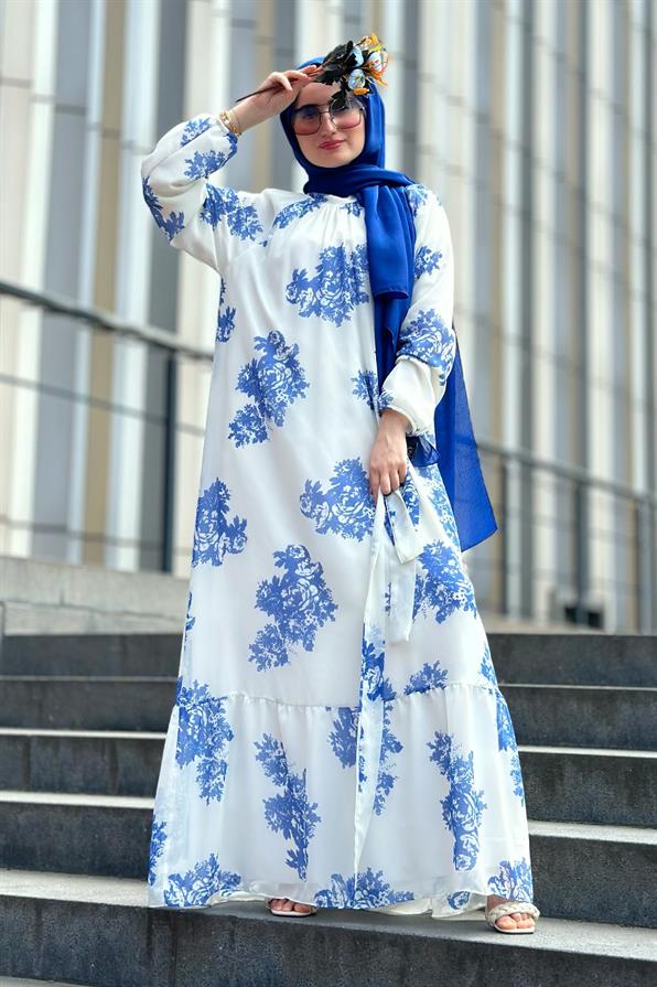 Ebru Patterned Lining Chiffon Dress-Blue