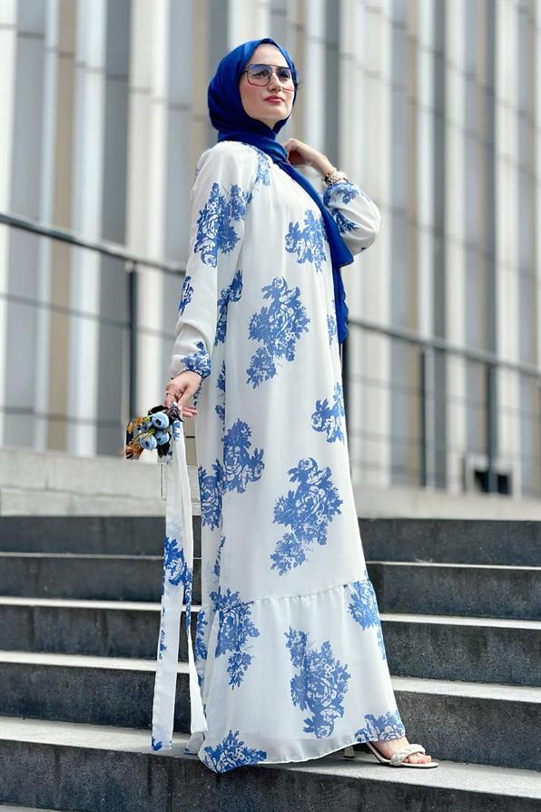 Ebru Patterned Lining Chiffon Dress-Blue