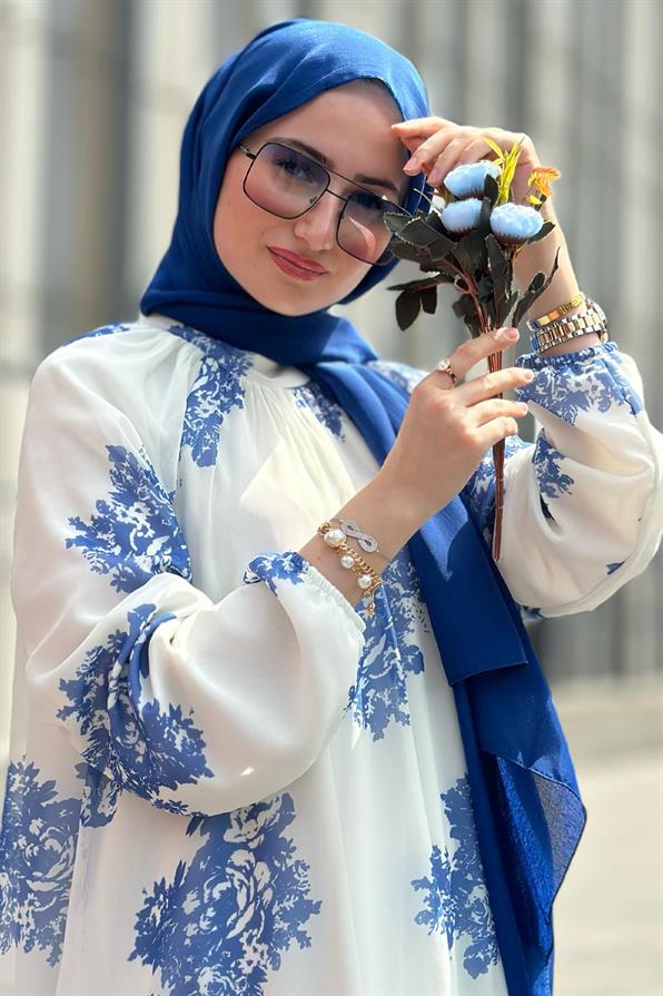 Ebru Patterned Lining Chiffon Dress-Blue