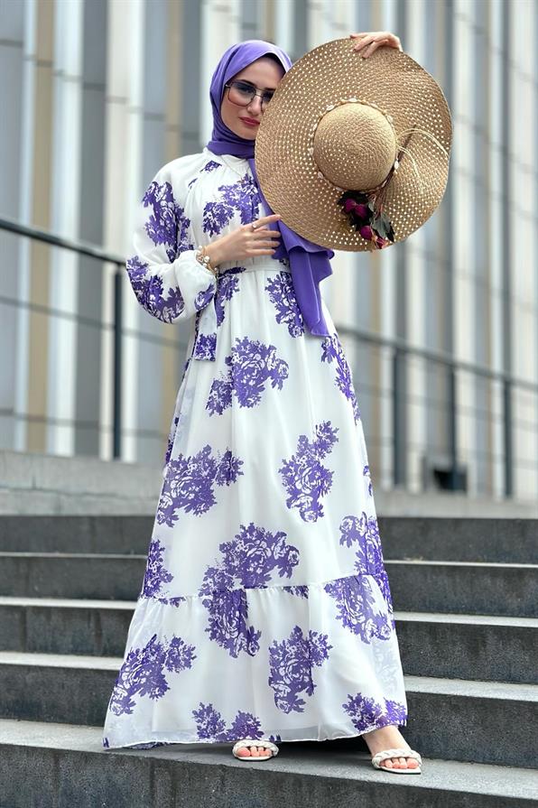 Ebru Patterned Lining Chiffon Dress-Purple