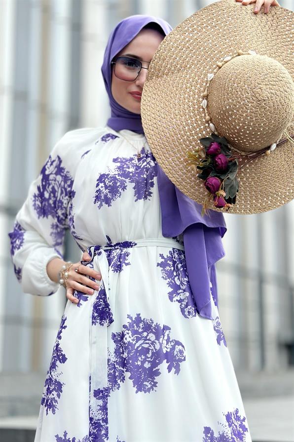 Ebru Patterned Lining Chiffon Dress-Purple